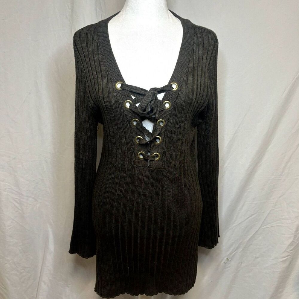 Ultra Flirt Ribbed Bell Sleeve Green Lace V Neck Sweater Womens Fall